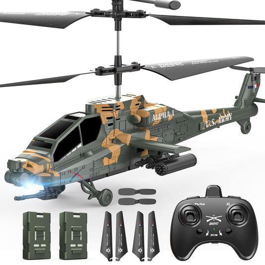DEERC Apache RC helicopter indoors with stable altitude hold for easy control.