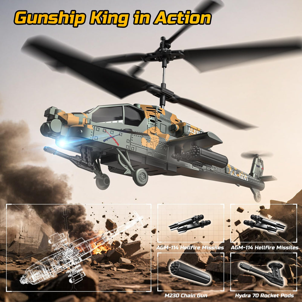 DEERC Apache RC helicopter showing LED lights for low-light visibility.