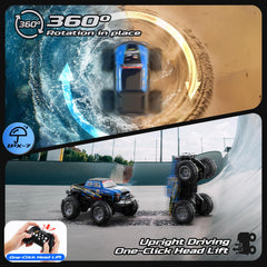 DEERC BG028 water-surface drive showing seamless land-water transition.
