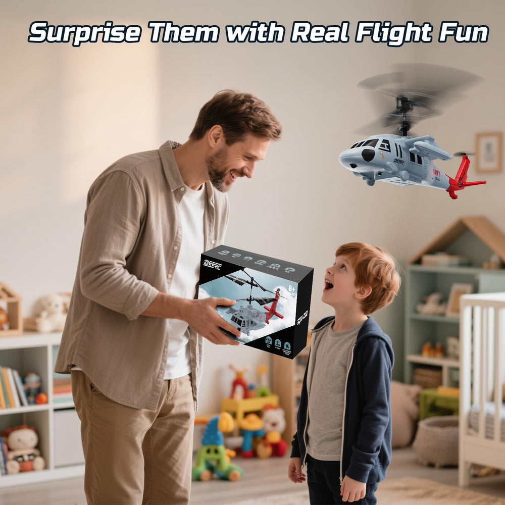 DEERC Black Hawk RC helicopter compact design for easy indoor flight storage.