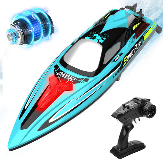 DEERC Brushless RC Boat speeds with explosive acceleration on water.