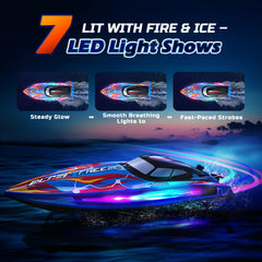 Two 7.4V batteries extend play to 40 minutes on DEERC boats.