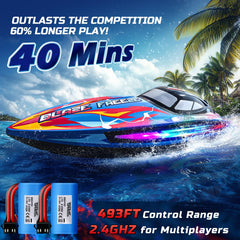 DEERC RC boat with seven LED modes lights up water at dusk.