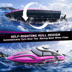 DEERC pink waterproof RC boat close-up showing double-layer sealing.