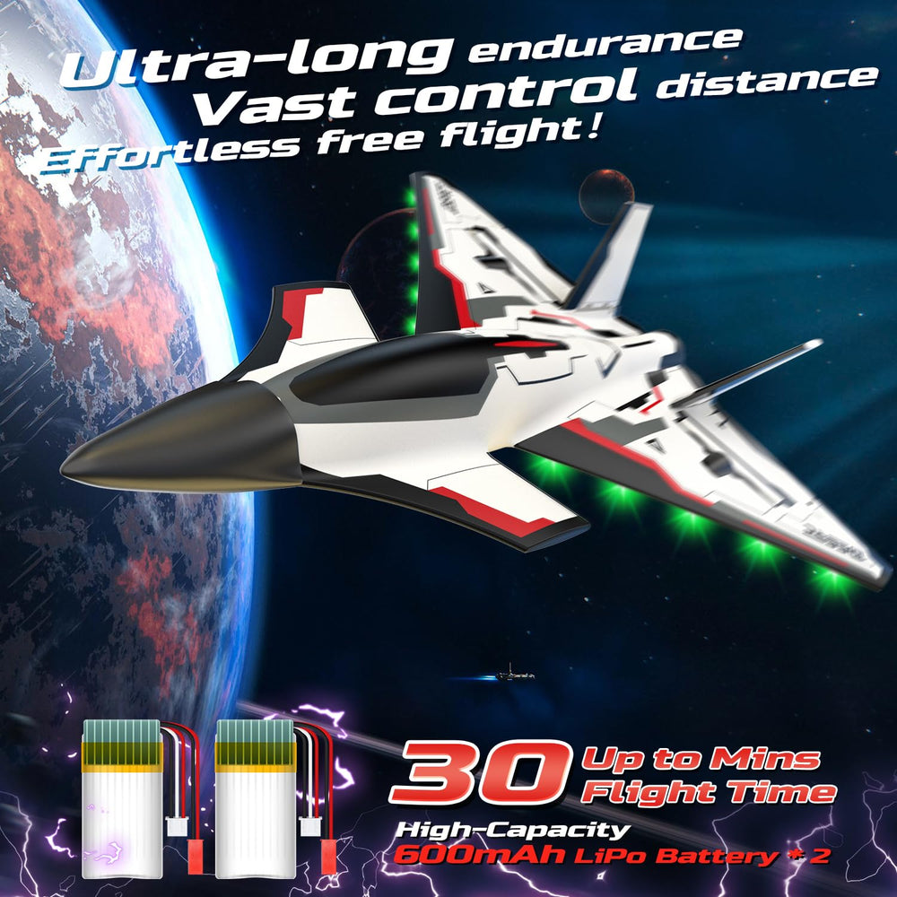 Two high-capacity 600mAh batteries extend flight time to about 30 minutes.