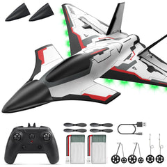 DEERC Future RC Plane with LED lights for clear night visibility during flights.
