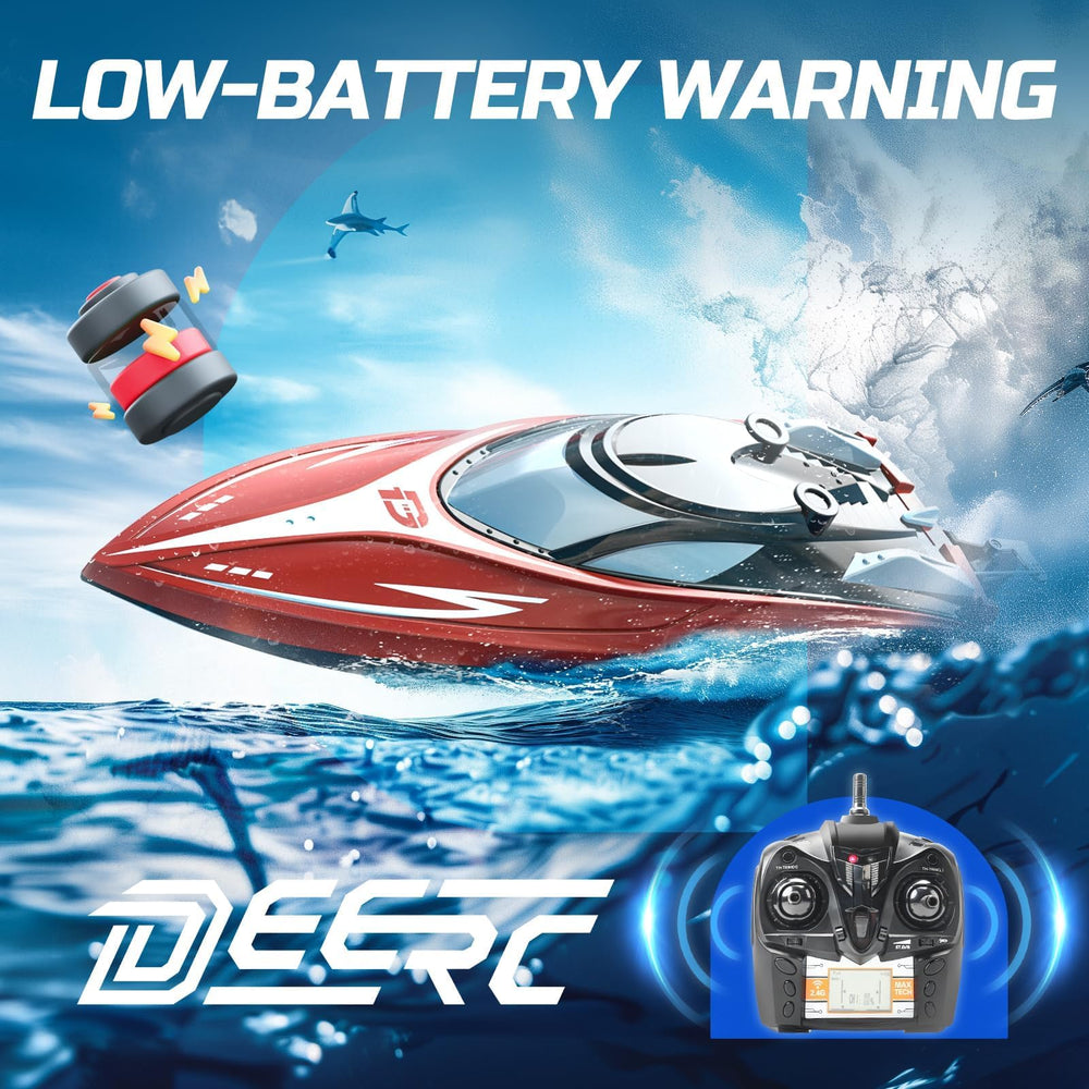 DEERC H120 remote with 2.4 GHz and 150 m range for precise steering.