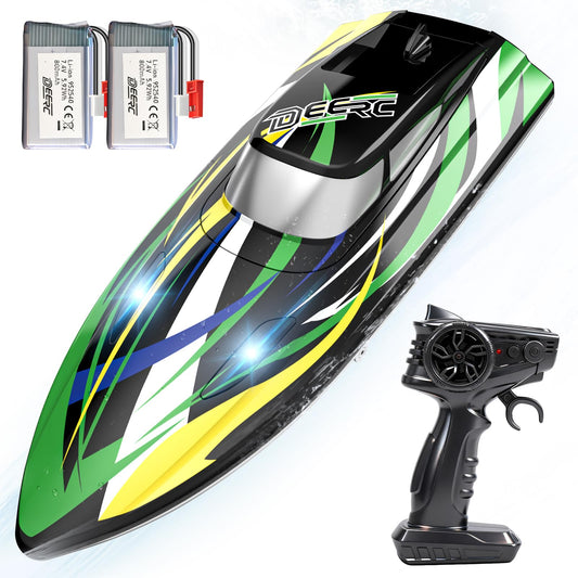DEERC high-speed RC boat with LED lights for bright nighttime tracking.