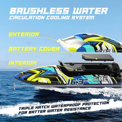 DEERC RC boat LED lights illuminating night water courses for dramatic visibility