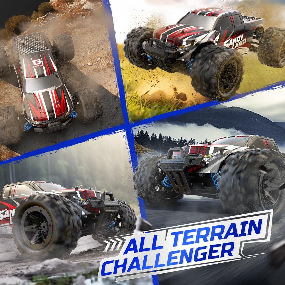 DEERC RC car all-terrain suspension smooths jumps and rough surfaces.