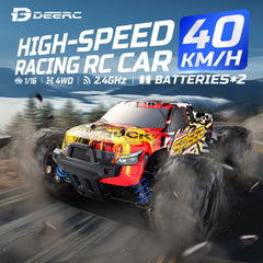 DEERC RC car top view shows 4WD stability on rough terrain