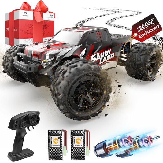 DEERC RC car upgraded tires improve grip on rough terrain.