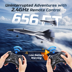 DEERC RC Plane features a sleek futuristic fighter jet paint scheme.