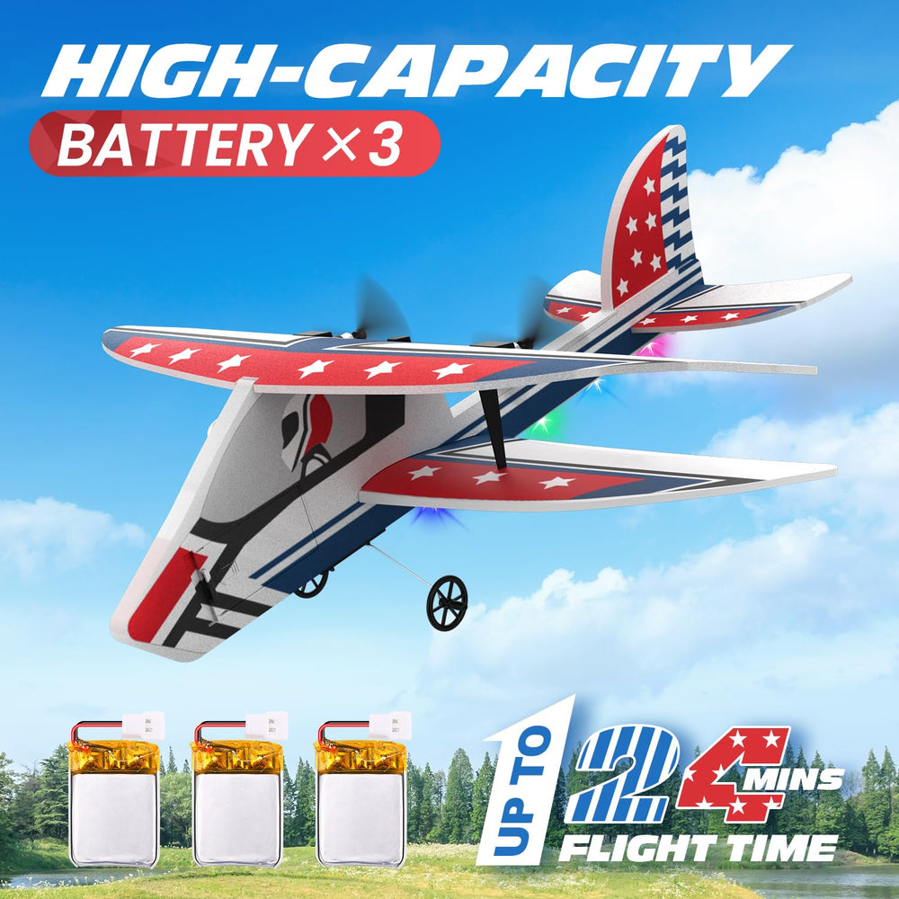 DEERC RC plane in flight showing stable performance and hover capability.