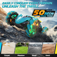 DEERC 4WD off-road capability handles grass, sand, and rocks with ease.