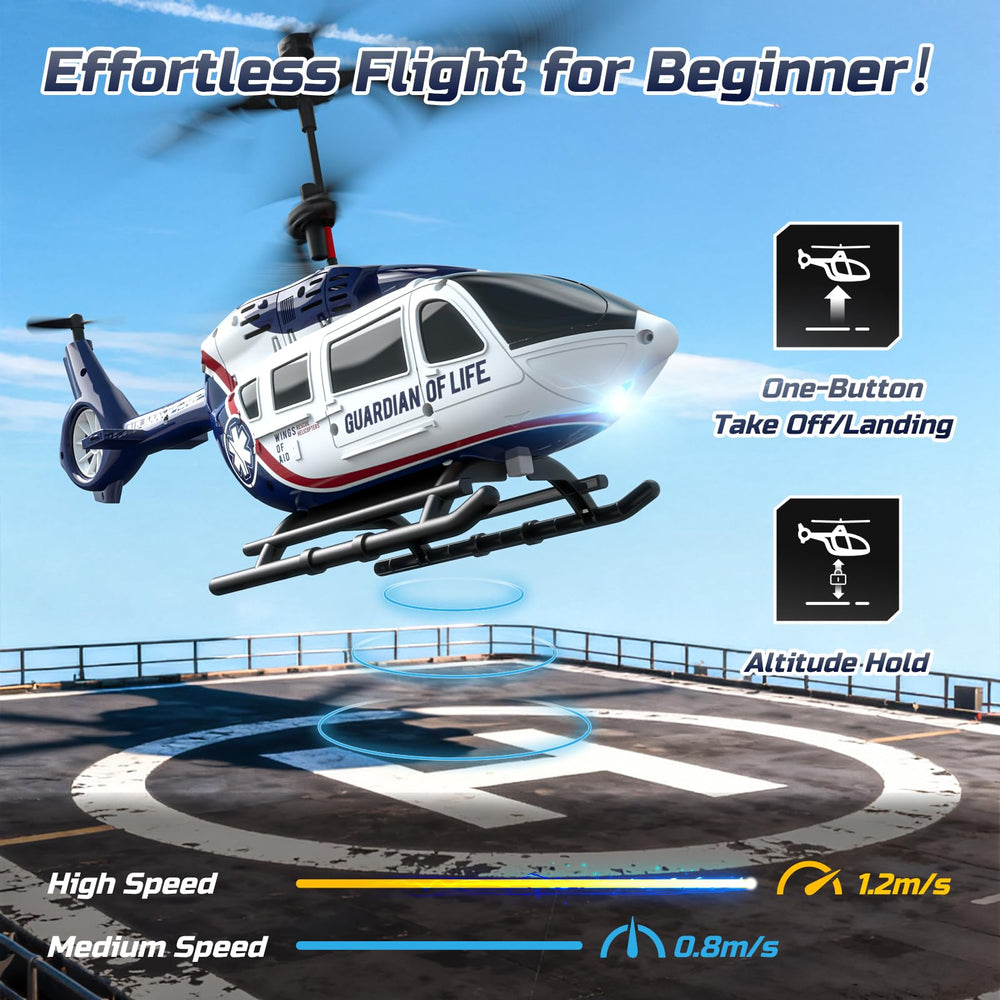 DEERC Rescue Helicopter LED lights improve visibility during dusk flights.