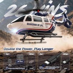 DEERC Rescue Helicopter rescue livery adds authentic mission vibes for kids.