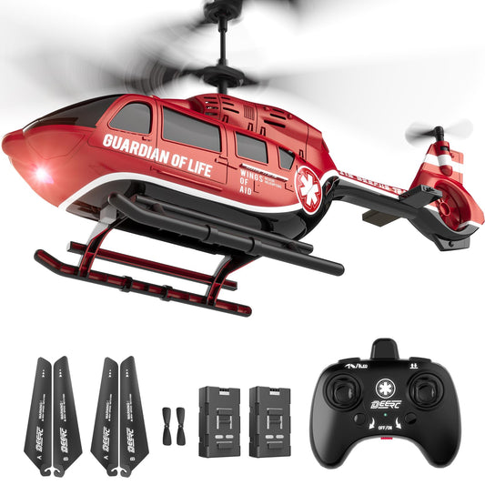 DEERC Rescue RC Helicopter with LED lights in flight for realistic rescue visuals.