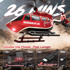 DEERC Rescue RC Helicopter showing two batteries for longer play.