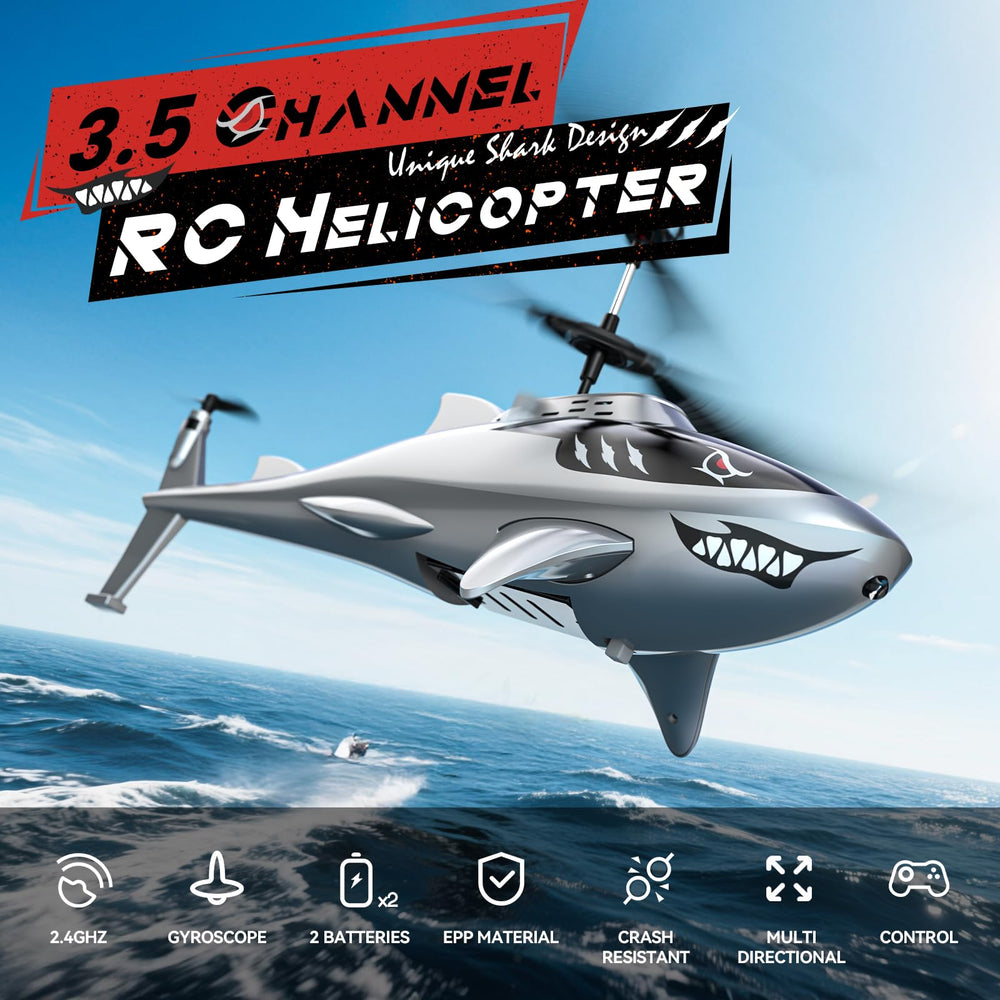 DEERC Shark RC helicopter side view showing two styles for creative flight.