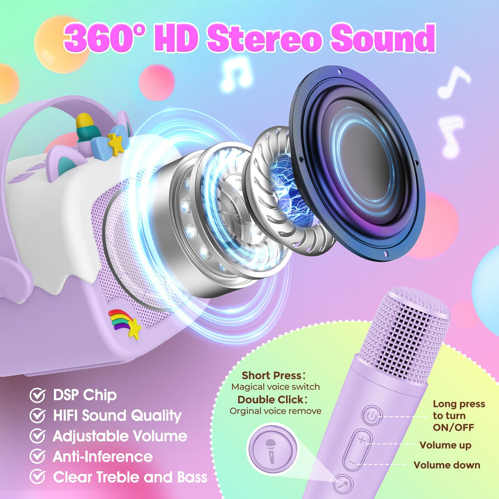 Delighkidz unicorn karaoke machine with two wireless mics ready for solo or duet singing