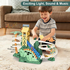 DELUTIQUE dinosaur race track green side view showcases sturdy construction for energetic play