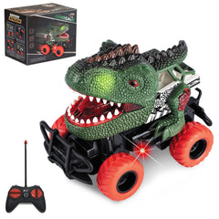 Delycazy dinosaur RC car front view with LED lights for engaging play