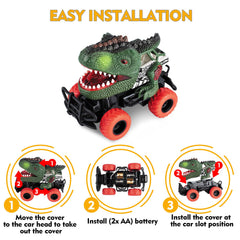 Delycazy dinosaur RC car top view highlighting shockproof chassis for stable movement