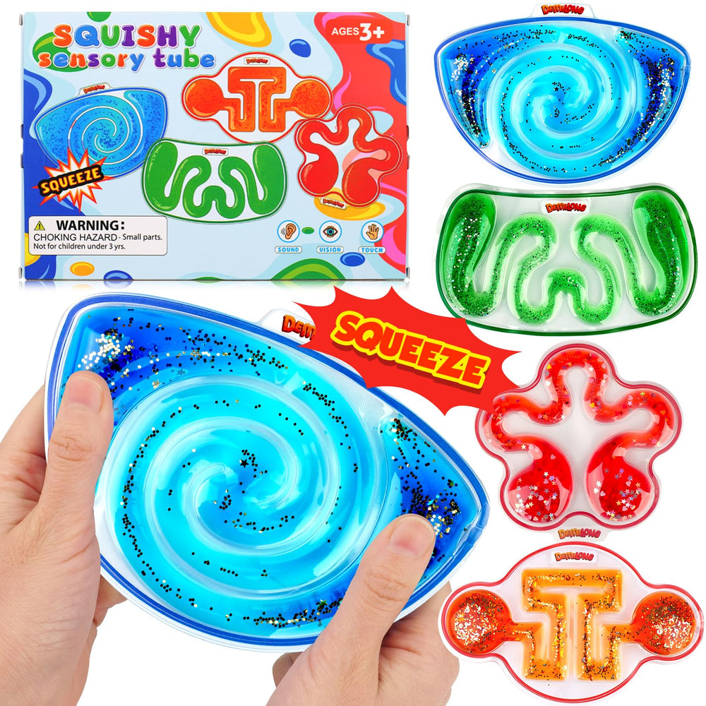 Demilong squishy sensory toy 4-pack with flowing liquid and beads for calm focus.