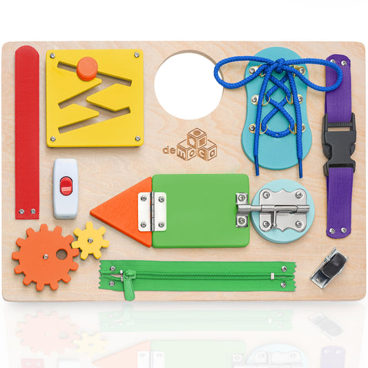 deMoca Sensory Busy Board top view showing screen-free play on the go