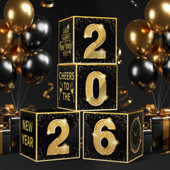 Denylo Pro 2026 black-gold balloon box as a New Year centerpiece.