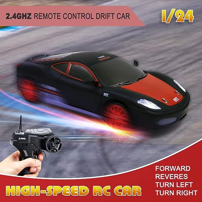 Desdoni RC drift car side view highlighting 4WD chassis for strong grip.