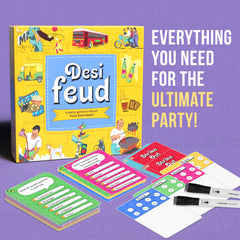 Desi Feud question cards with diverse prompts for lively conversations