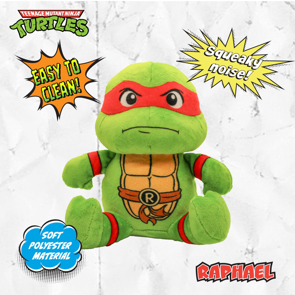 design-lab TMNT Raphael plush dog toy highlights soft fabric and safe, engaging play.