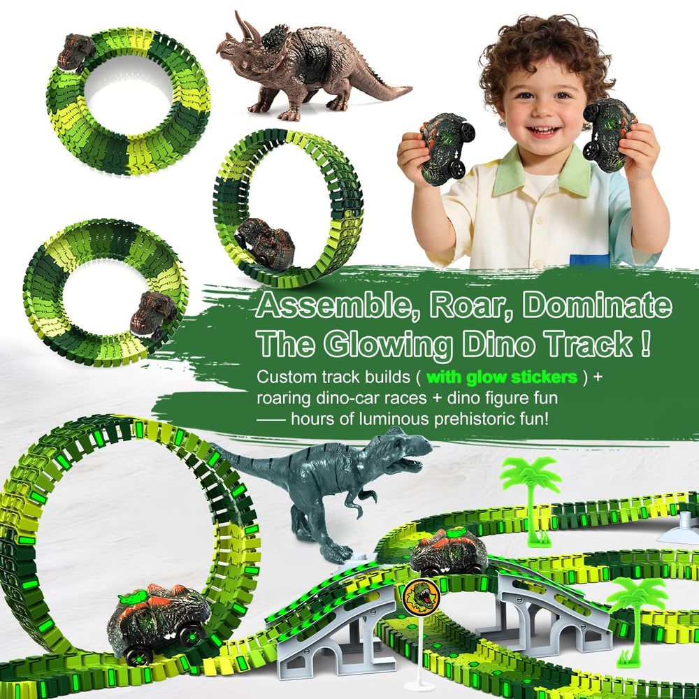 Desuccus dinosaur cars glow, adding night time excitement to play.