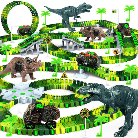 Desuccus dinosaur train track set shows flexible pieces for creative layouts.