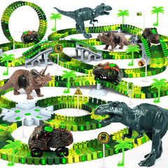 Desuccus dinosaur train track set shows flexible pieces for creative layouts.