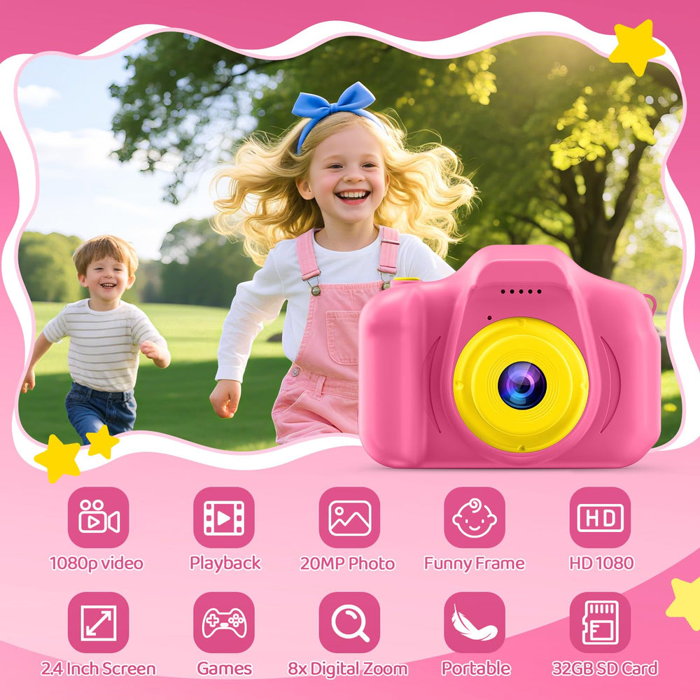 Desuccus kids camera pink in hand during playtime for creativity