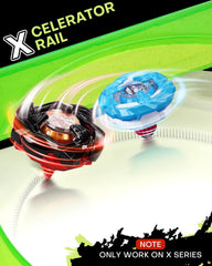 DEZAWRTY six tops in action for high-speed gyro battles.