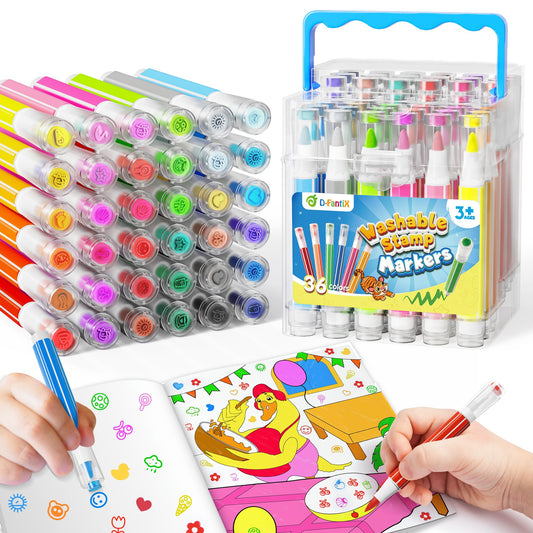 D-FantiX 36-color washable markers with stamps for kids, vibrant art with easy cleanup.
