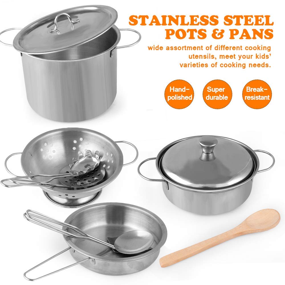 D-FantiX stainless steel pots with lids for durable pretend cooking