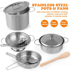 D-FantiX stainless steel pots with lids for durable pretend cooking