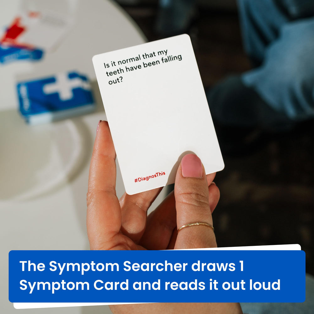 DiagnosThis symptom cards stack ready for humorous prompts during play.