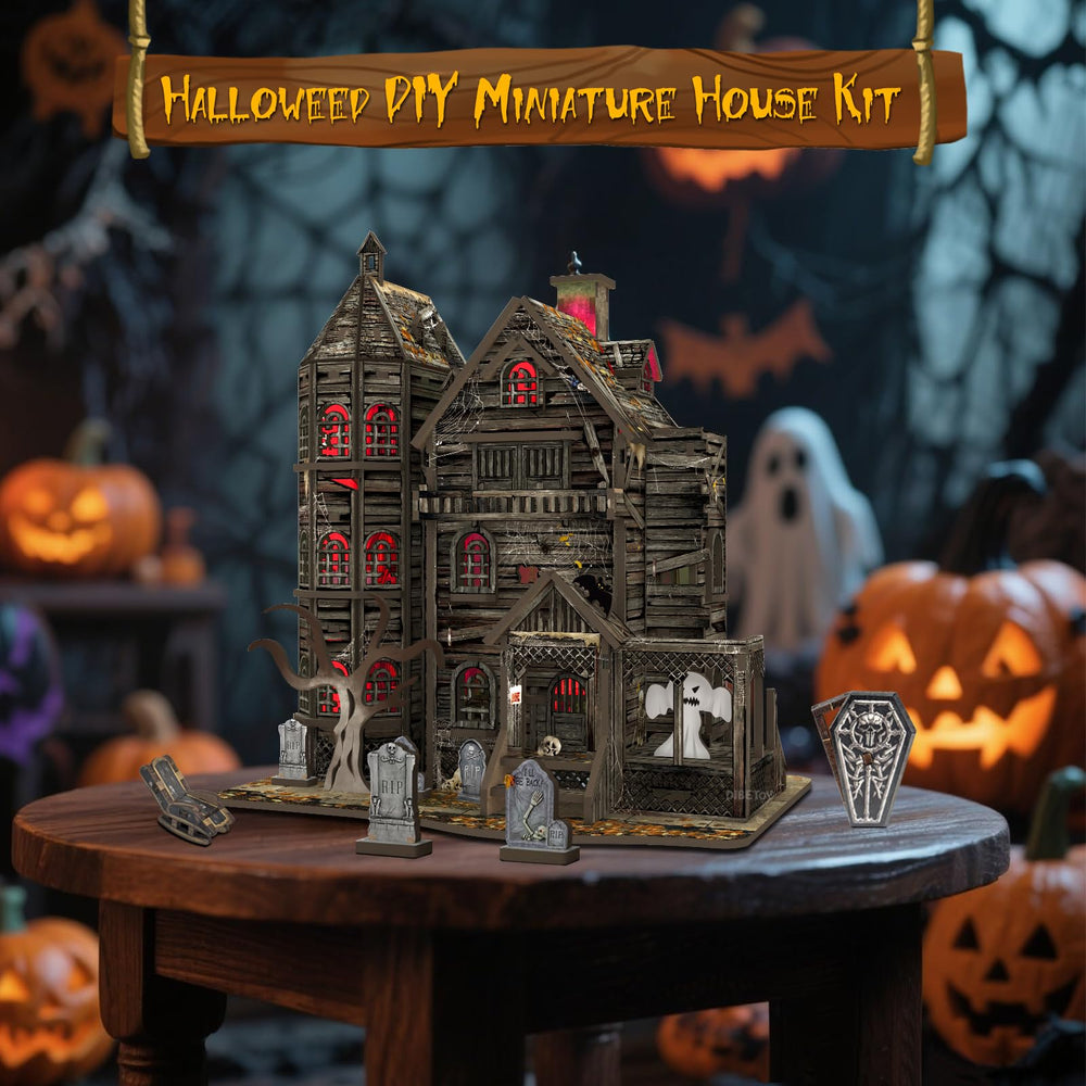 Dibetoy LED accessories light miniature scenes for a nighttime spooky effect.