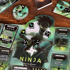 Dice Throne hero trays organize Treant and Ninja components for quick setup