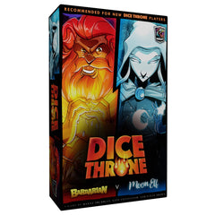 Dice Throne two-hero starter set front cover with Barbarian and Moon Elf for fast head-to-head battles