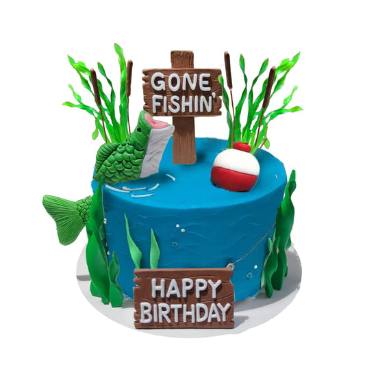 DiDida gone-fishin sign adds playful focal point to birthday cakes.
