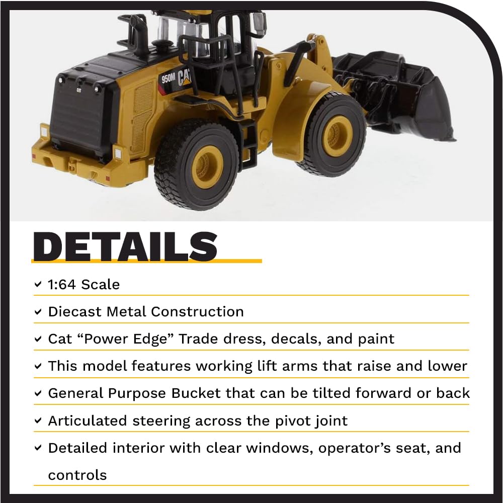Diecast Masters 950M wheel loader visible through clear windows.