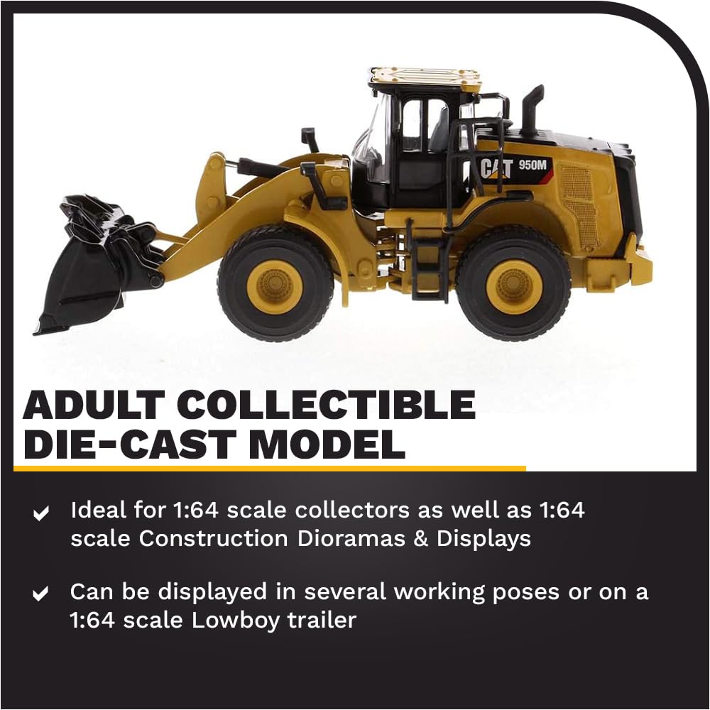 Diecast Masters 950M wheel loader with working bucket for realism.