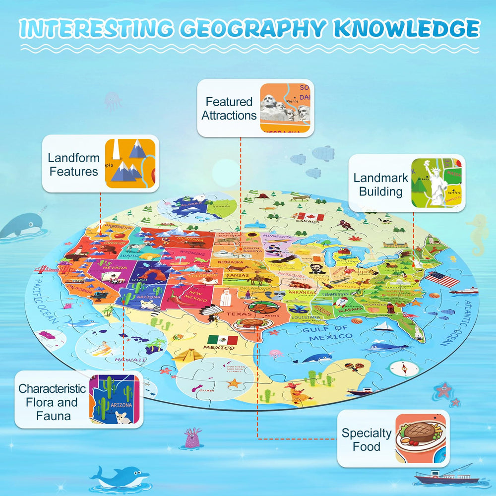 DIGOBAY 50 states with capitals puzzle highlights landmarks and cultural features.
